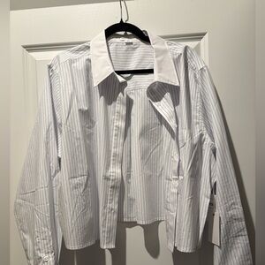 Good American White and Blue Striped Button Down Shirt